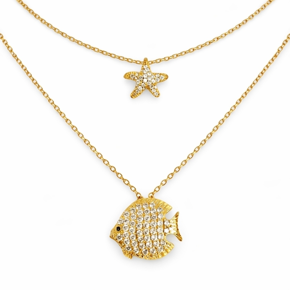 Gold CZ Ocean Charm Necklaces | Fish & Starfish Pendants | Coastal Luxe